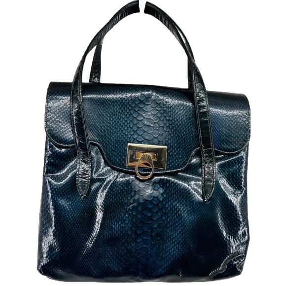 Vintage Embossed Snakeskin Handbag Flip Lock Closure Compartment Blue One Size - Picture 1 of 7